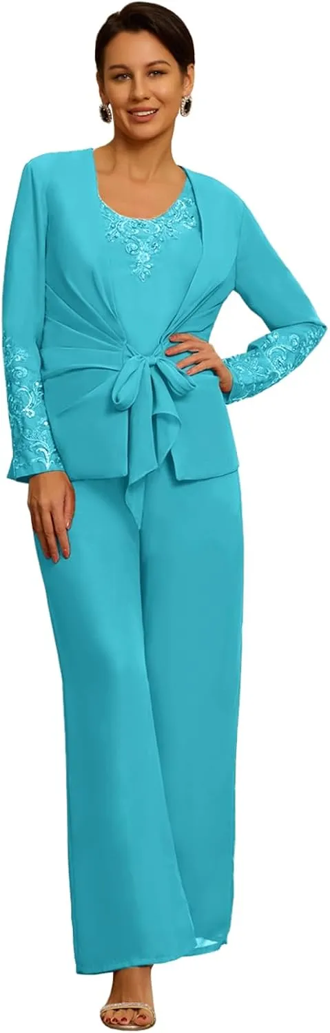 3 Piece Formal Pant Suits for Mother of The Bride for Women Wedding Guest Dressy Suit Gown with Jacket