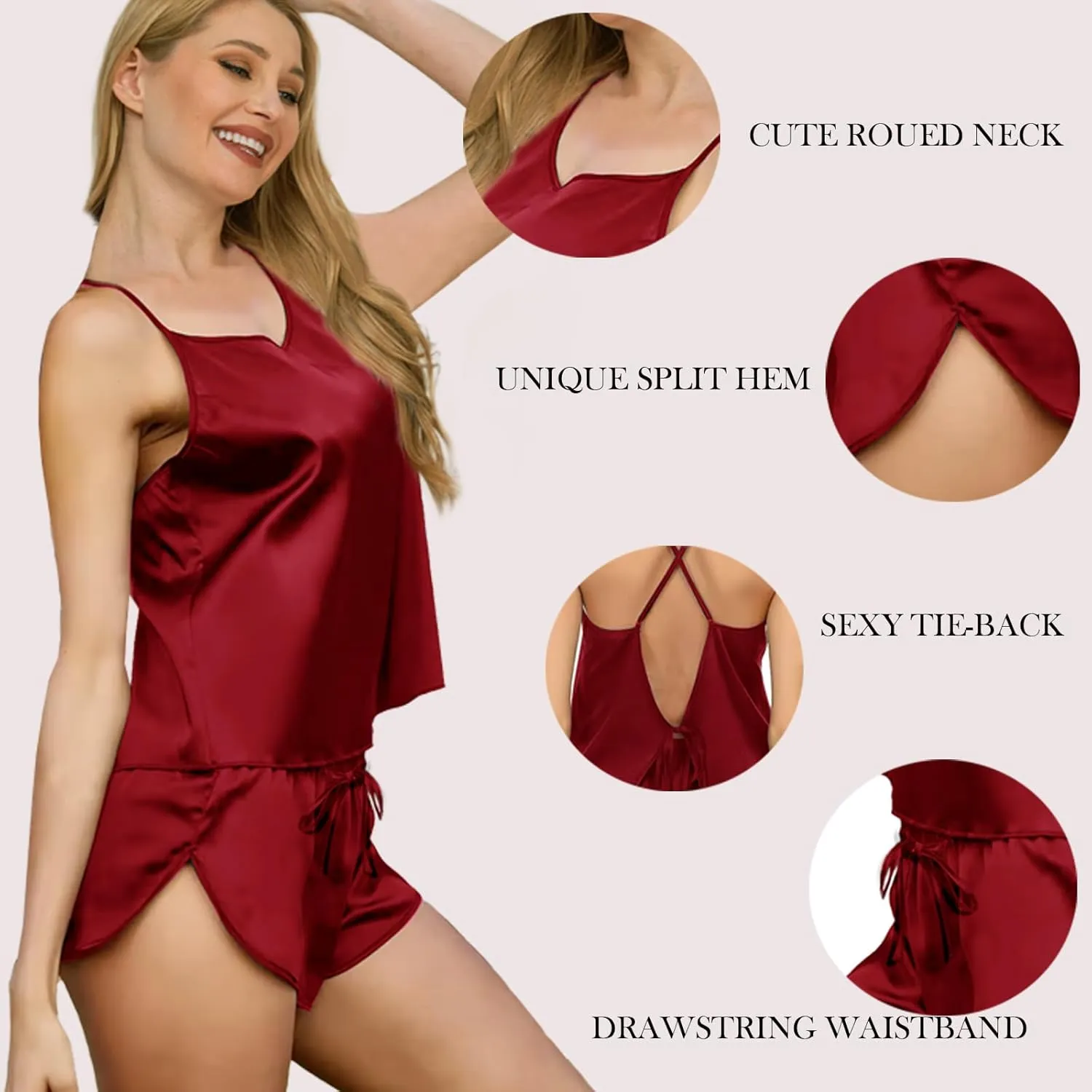 5Pcs Womens Silk Pajamas Set Sexy Cami Shorts Pj Sets Lingerie Satin Pajama Sets Loungewear Pjs Silky Sleepwear