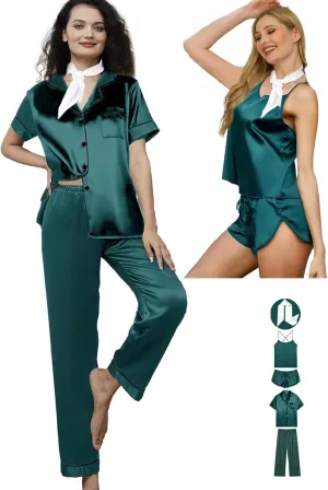 5Pcs Womens Silk Pajamas Set Sexy Cami Shorts Pj Sets Lingerie Satin Pajama Sets Loungewear Pjs Silky Sleepwear