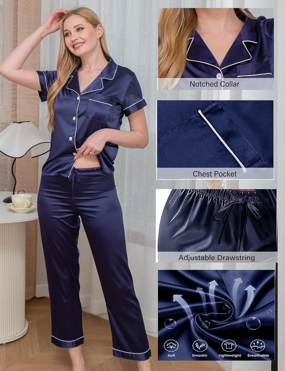 5Pcs Womens Silk Pajamas Set Sexy Cami Shorts Pj Sets Lingerie Satin Pajama Sets Loungewear Pjs Silky Sleepwear