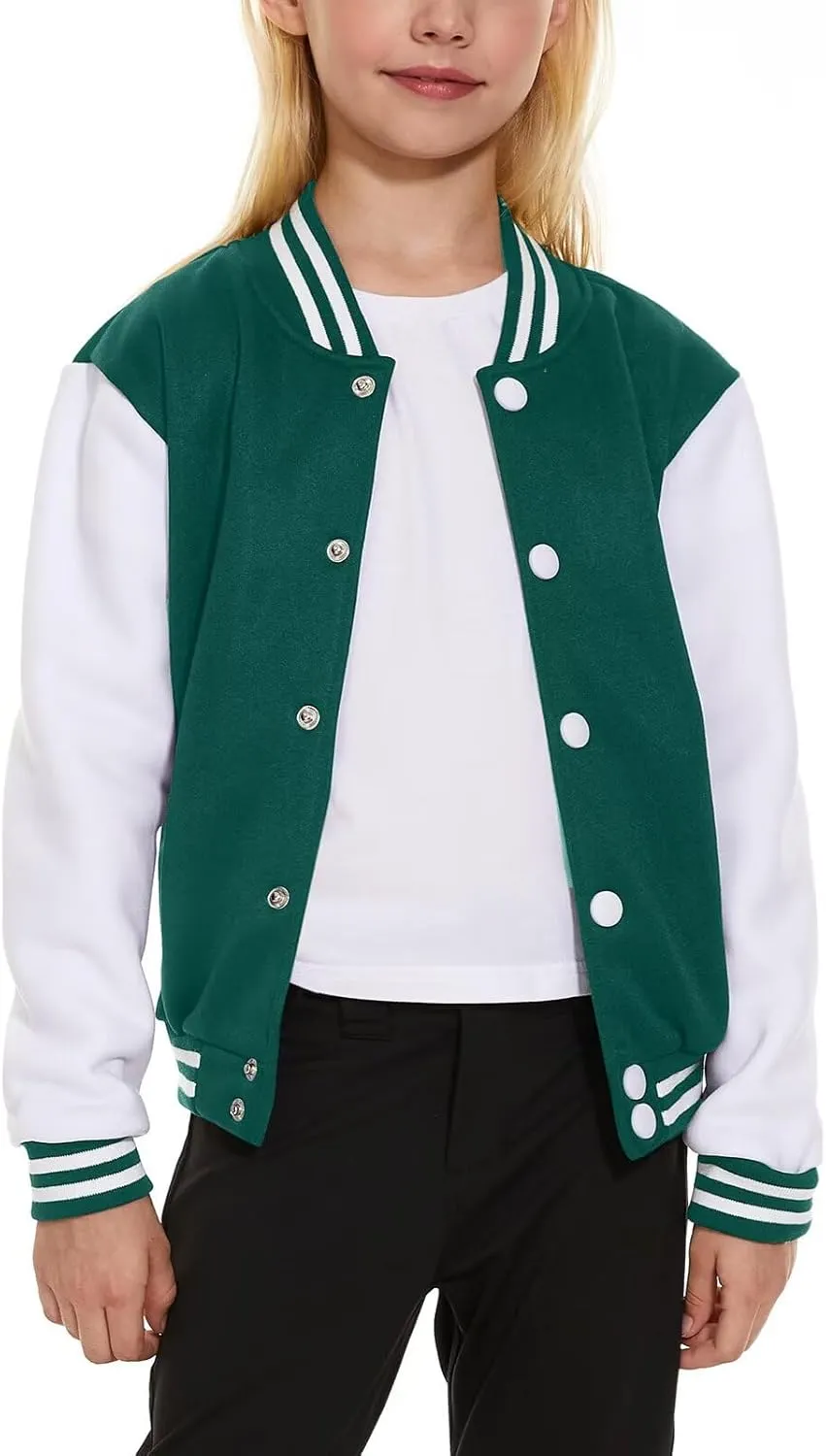 ACEFAST INC Kids Baseball Jacket School Varsity Uniform Casual Sweatshirt Girls Sweater Jacket Baseball Solid Color