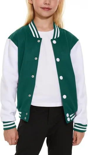 ACEFAST INC Kids Baseball Jacket School Varsity Uniform Casual Sweatshirt Girls Sweater Jacket Baseball Solid Color