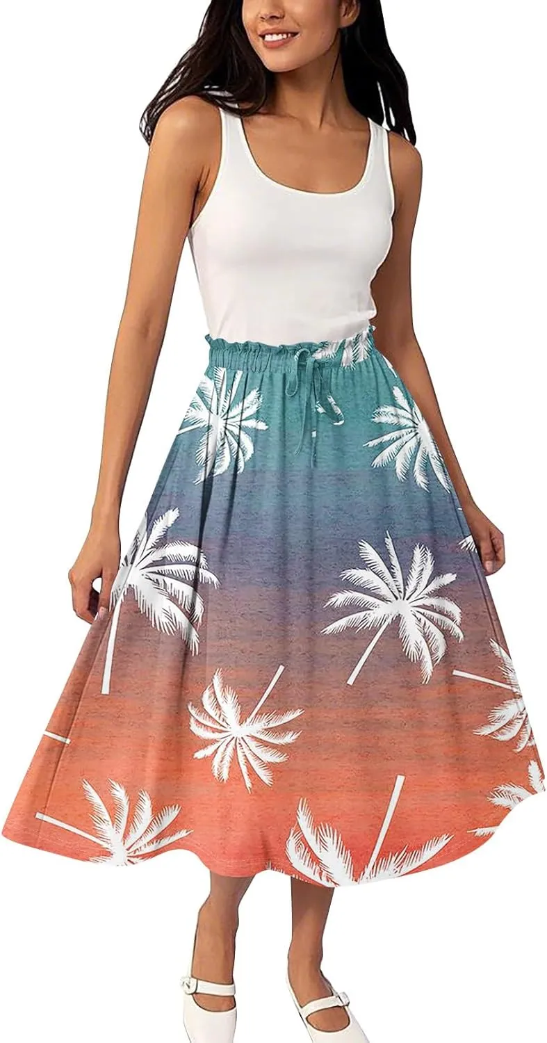 ADHOWBEW Long Skirts for Women A Line Flowy Beach High Waisted Midi Length Trendy Cute Plus Size Casual Ruffle Summer Skirts
