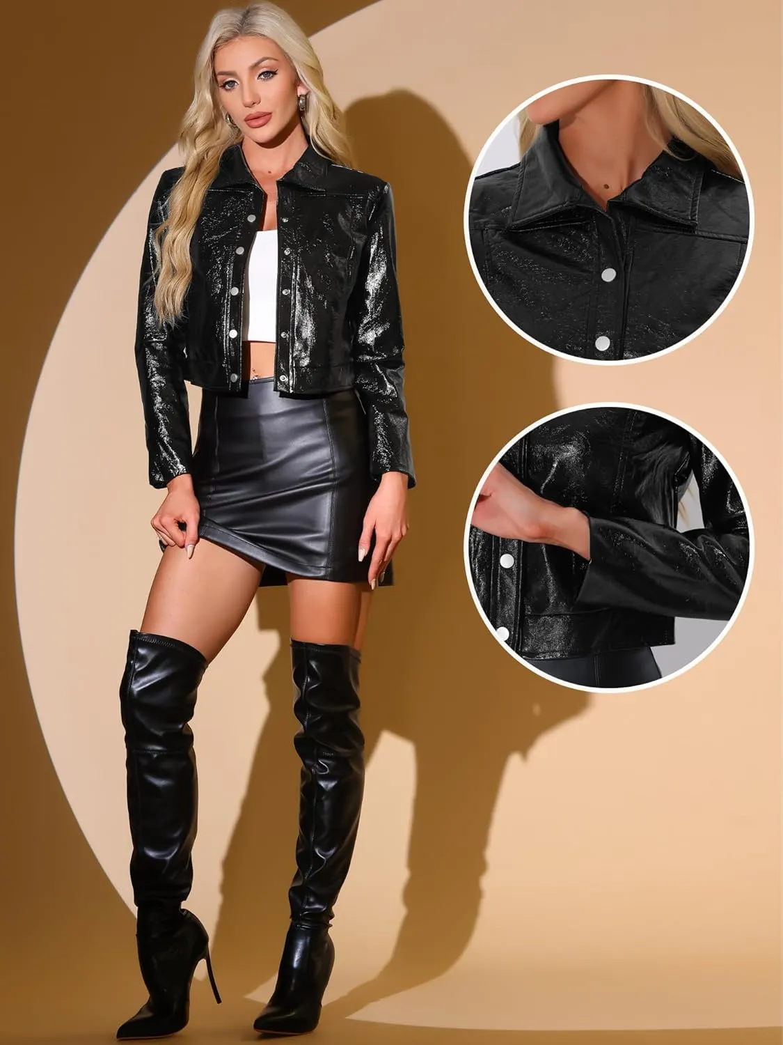 Allegra K PU Jacket for Women's Long Sleeve Moto Biker Cropped Faux Leather Jacket