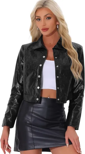 Allegra K PU Jacket for Women's Long Sleeve Moto Biker Cropped Faux Leather Jacket