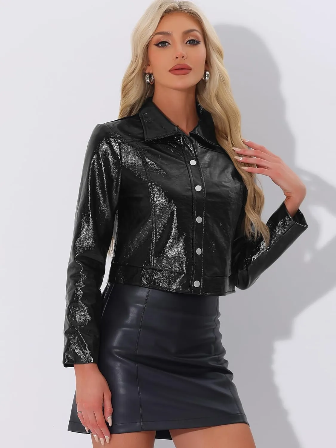 Allegra K PU Jacket for Women's Long Sleeve Moto Biker Cropped Faux Leather Jacket