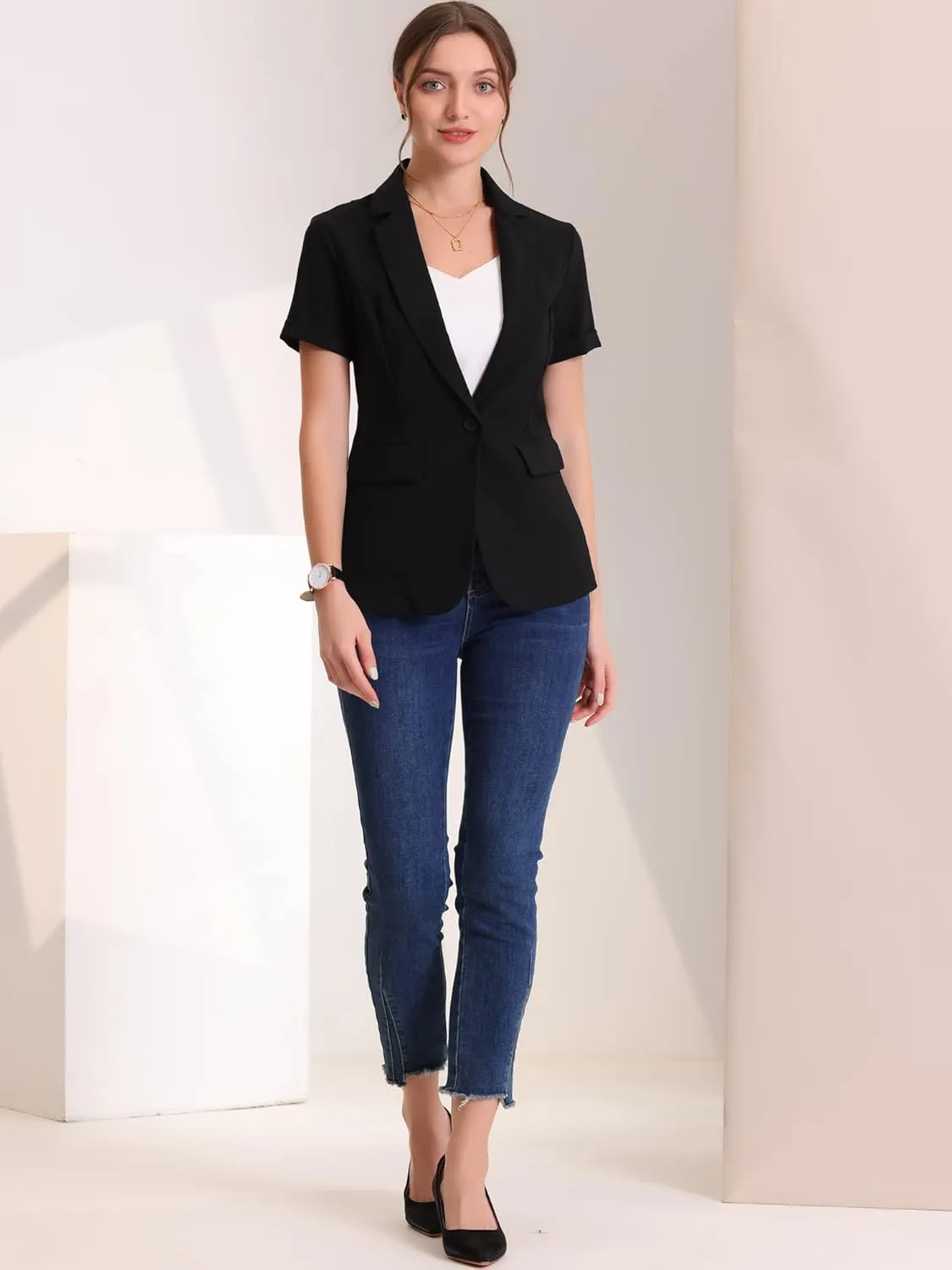 Allegra K Women's 1 Button Blazer Jacket Office Business Short Sleeve Blazer