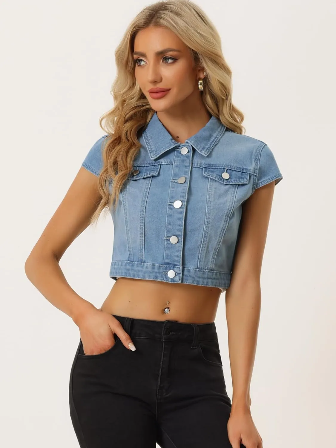 Allegra K Women's 2024 Summer Button Down Cap Short Sleeve Cropped Jean Denim Jacket
