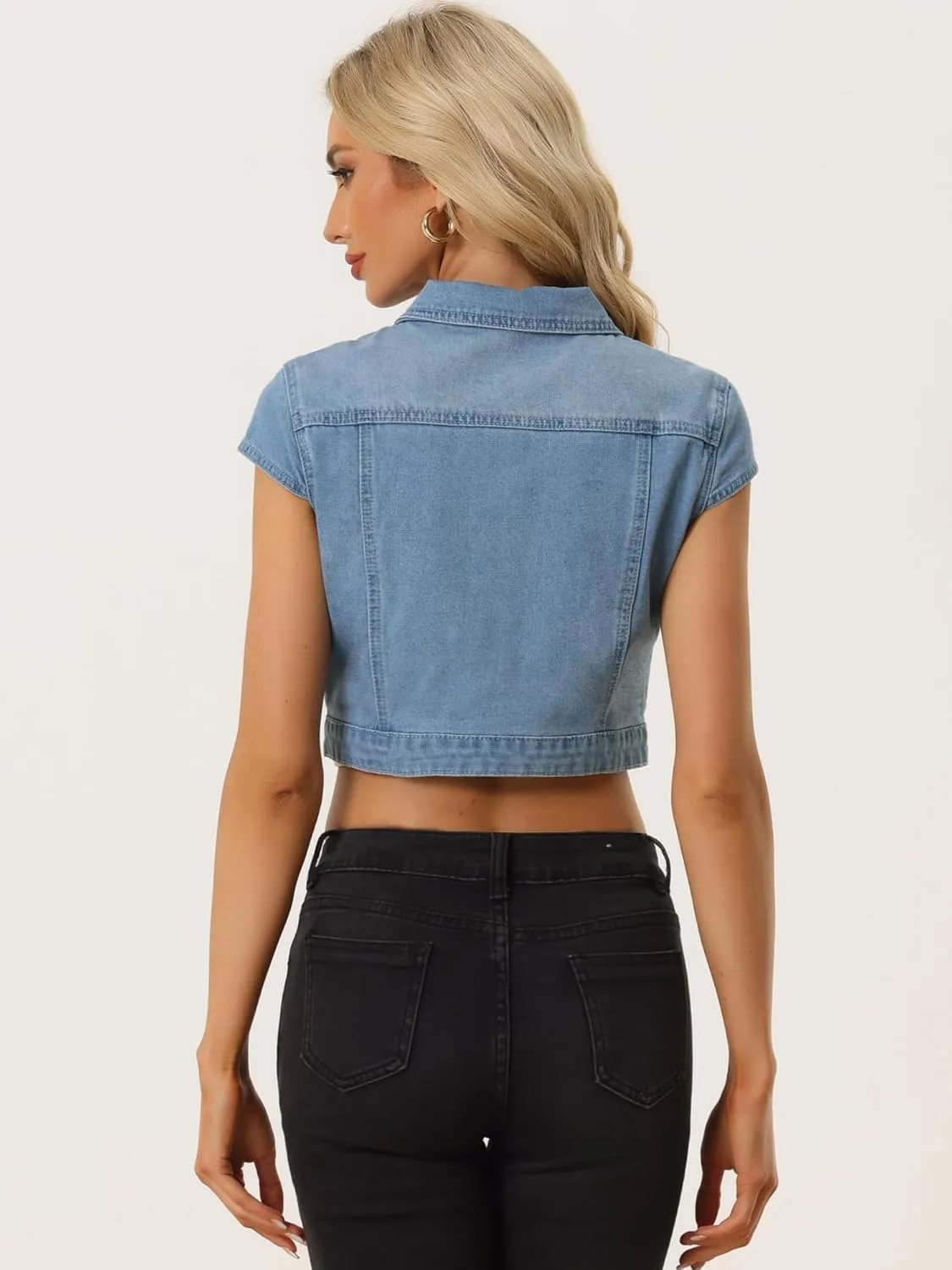 Allegra K Women's 2024 Summer Button Down Cap Short Sleeve Cropped Jean Denim Jacket
