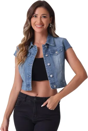 Allegra K Women's 2024 Summer Button Down Cap Short Sleeve Cropped Jean Denim Jacket
