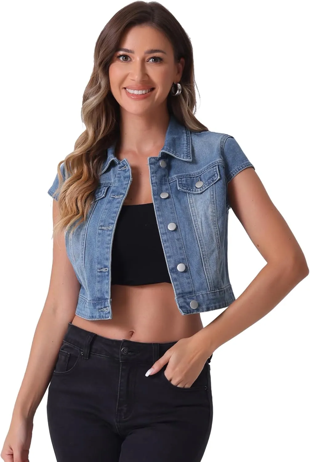 Allegra K Women's 2024 Summer Button Down Cap Short Sleeve Cropped Jean Denim Jacket