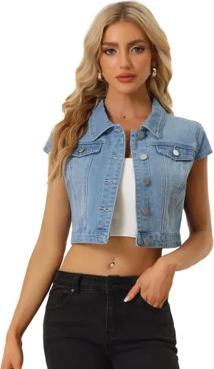 Allegra K Women's 2024 Summer Button Down Cap Short Sleeve Cropped Jean Denim Jacket