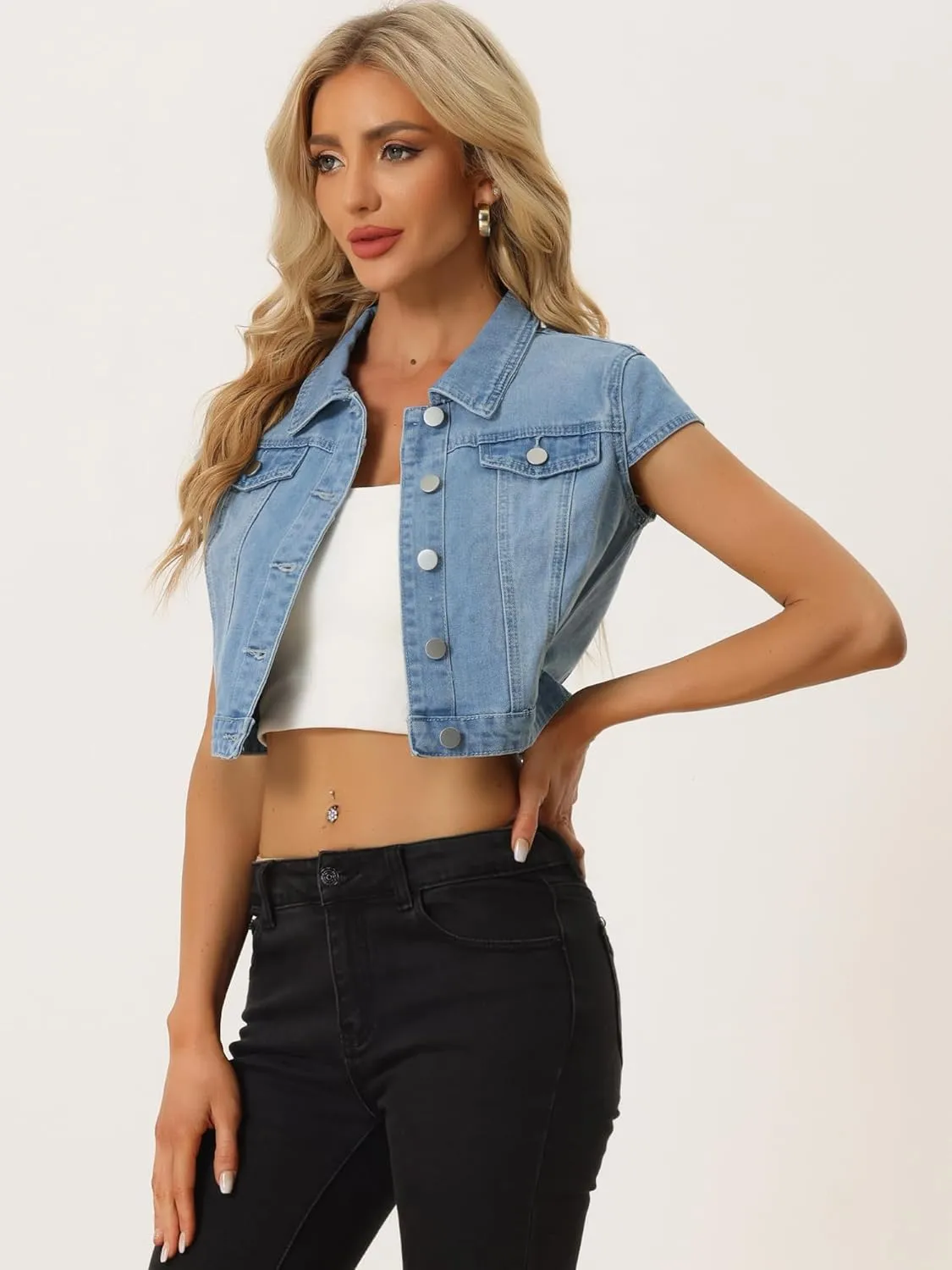 Allegra K Women's 2024 Summer Button Down Cap Short Sleeve Cropped Jean Denim Jacket