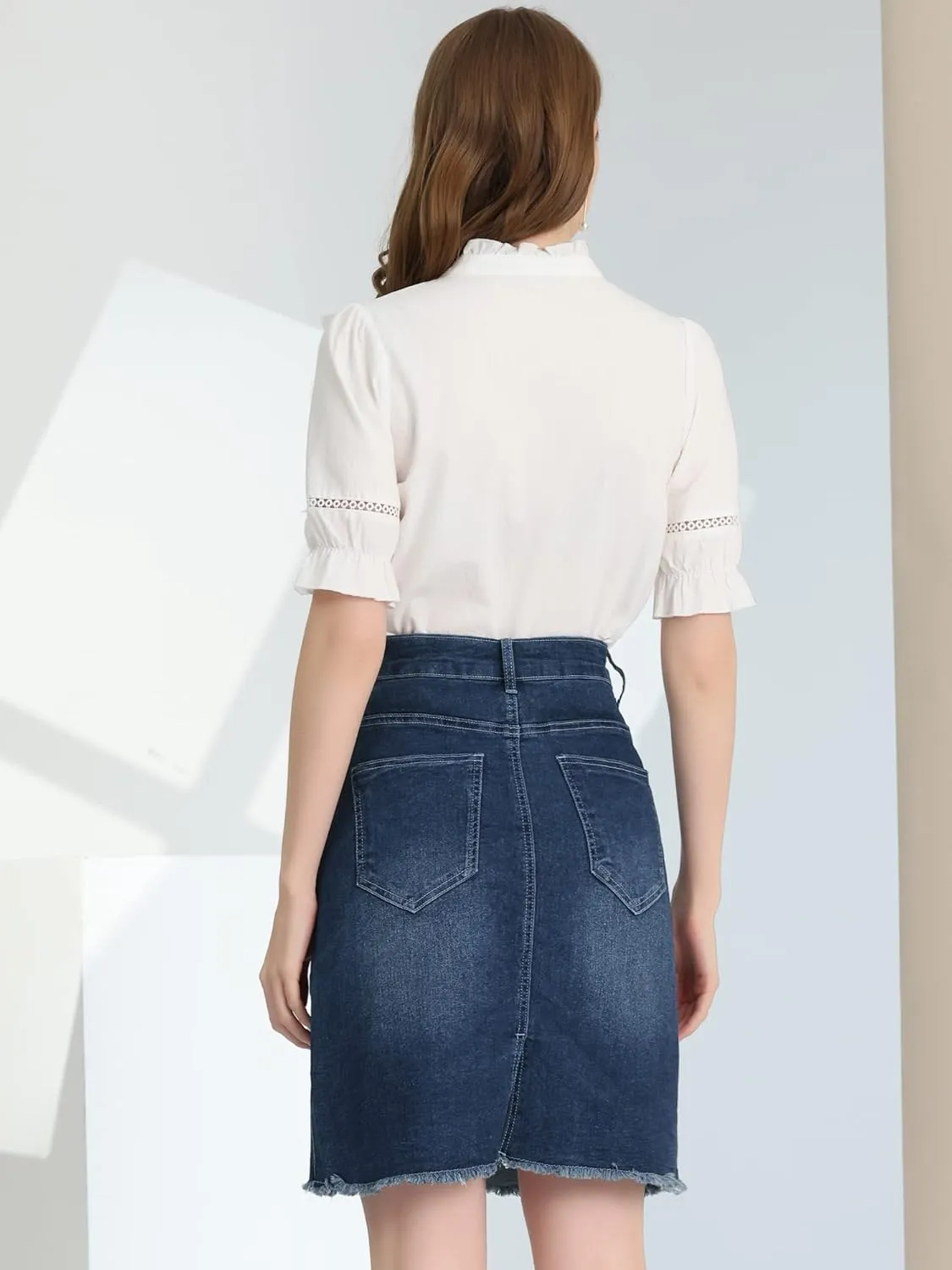 Allegra K Women's Basic Distressed High Waist Ripped Hem Washed Jeans Denim Skirt