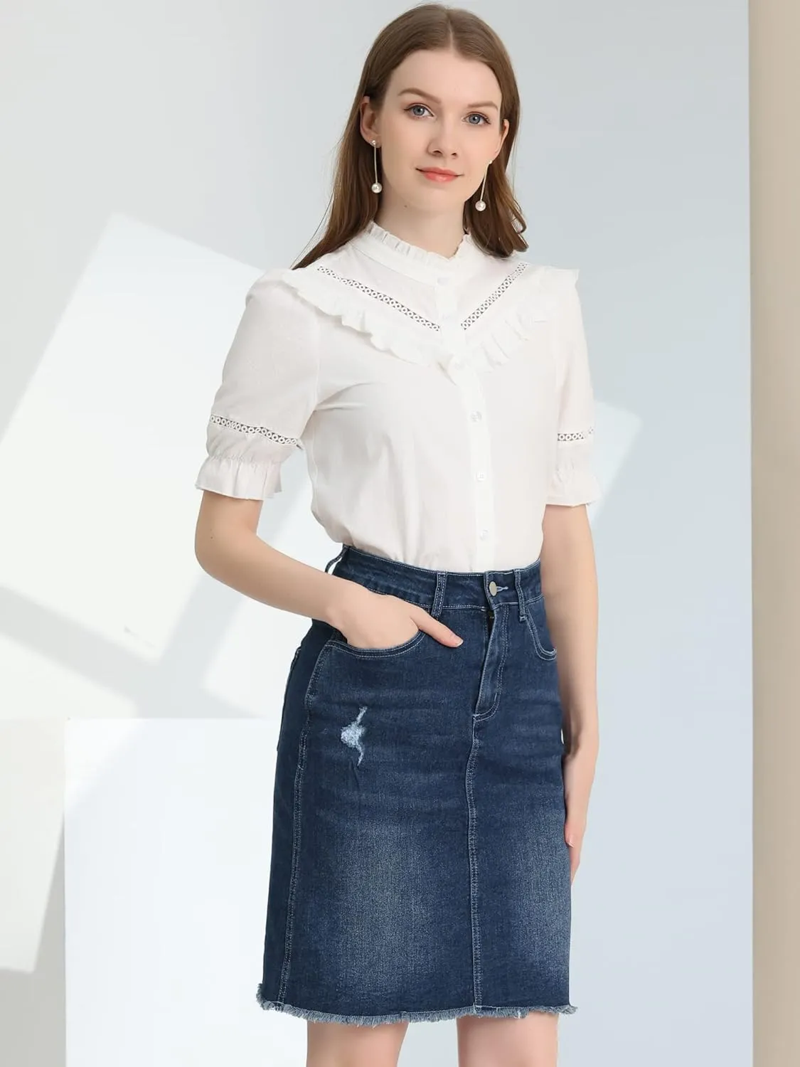 Allegra K Women's Basic Distressed High Waist Ripped Hem Washed Jeans Denim Skirt