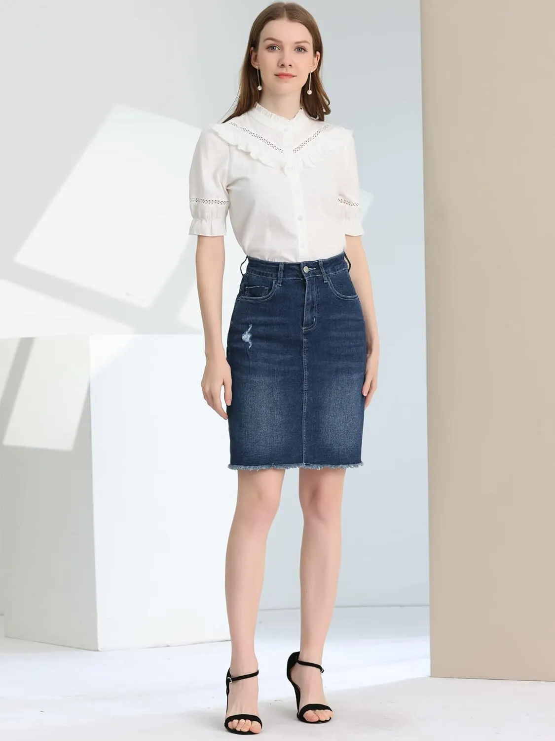 Allegra K Women's Basic Distressed High Waist Ripped Hem Washed Jeans Denim Skirt