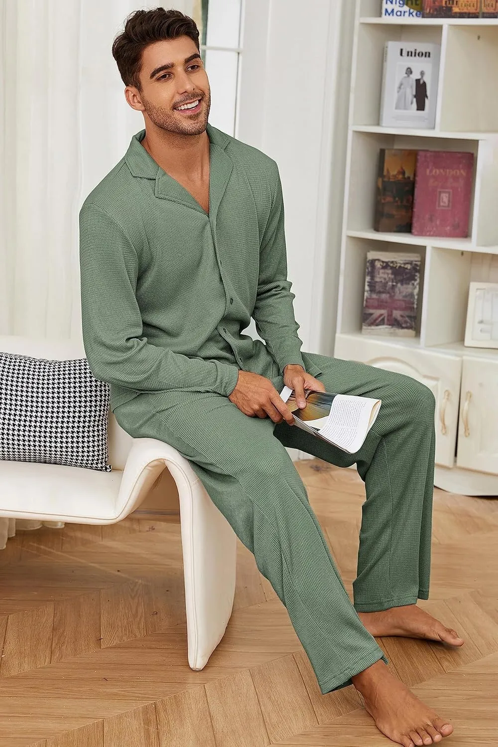 Andeip Men's Pajama Set Waffle Knit Lounge Pjs Set Long Sleeve Top and Pants Sleepwear 2 Piece Button Down Loungewear