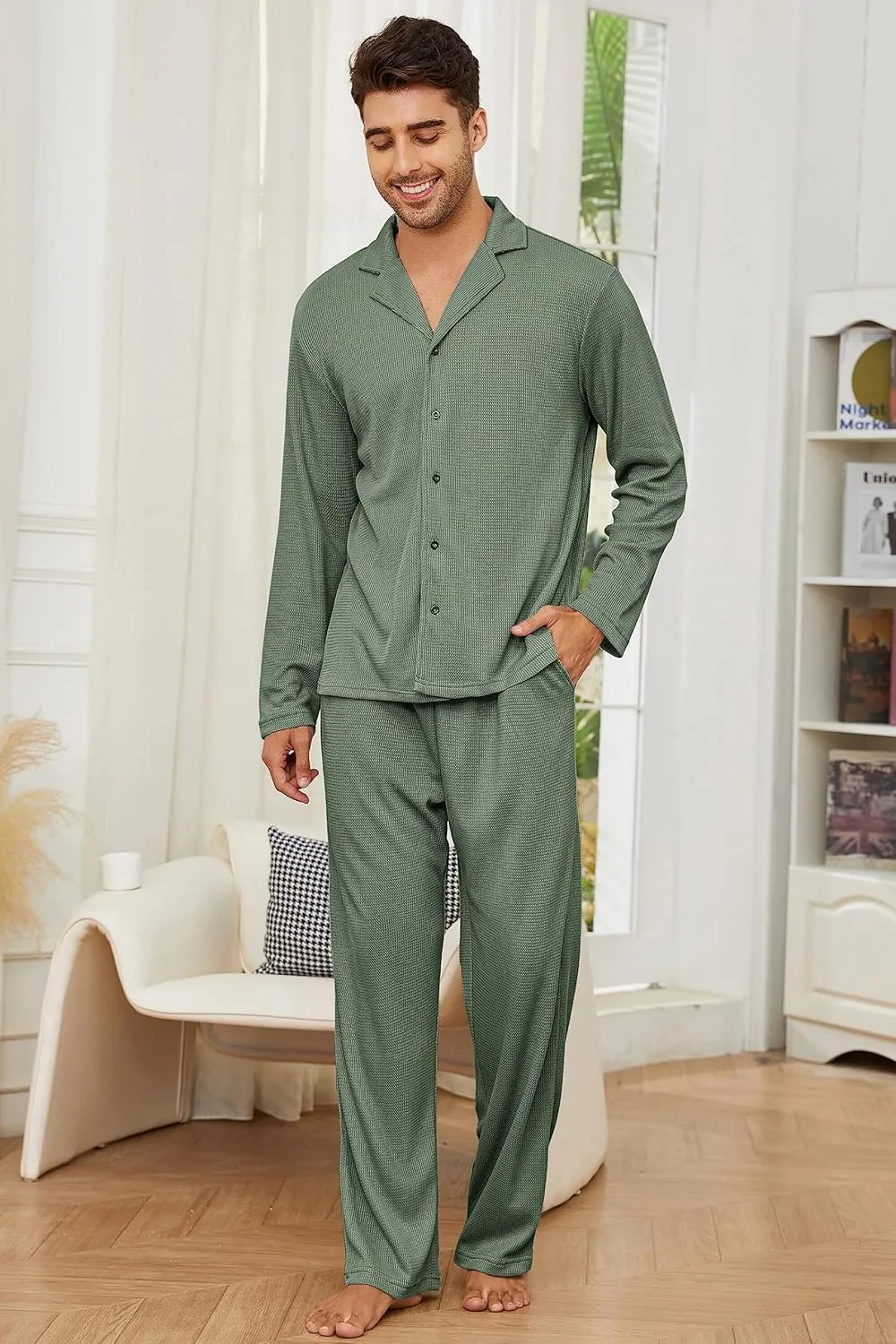 Andeip Men's Pajama Set Waffle Knit Lounge Pjs Set Long Sleeve Top and Pants Sleepwear 2 Piece Button Down Loungewear