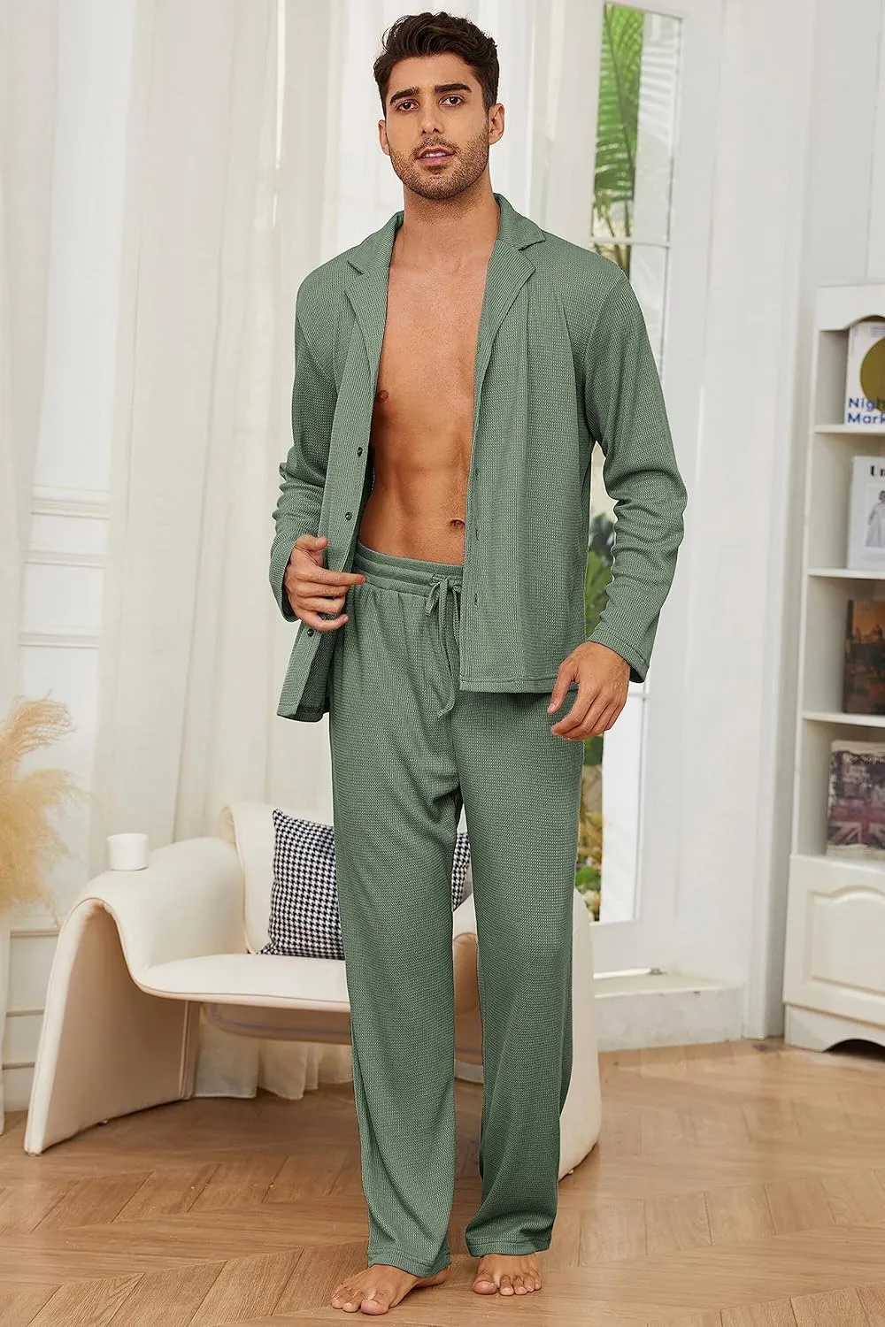 Andeip Men's Pajama Set Waffle Knit Lounge Pjs Set Long Sleeve Top and Pants Sleepwear 2 Piece Button Down Loungewear