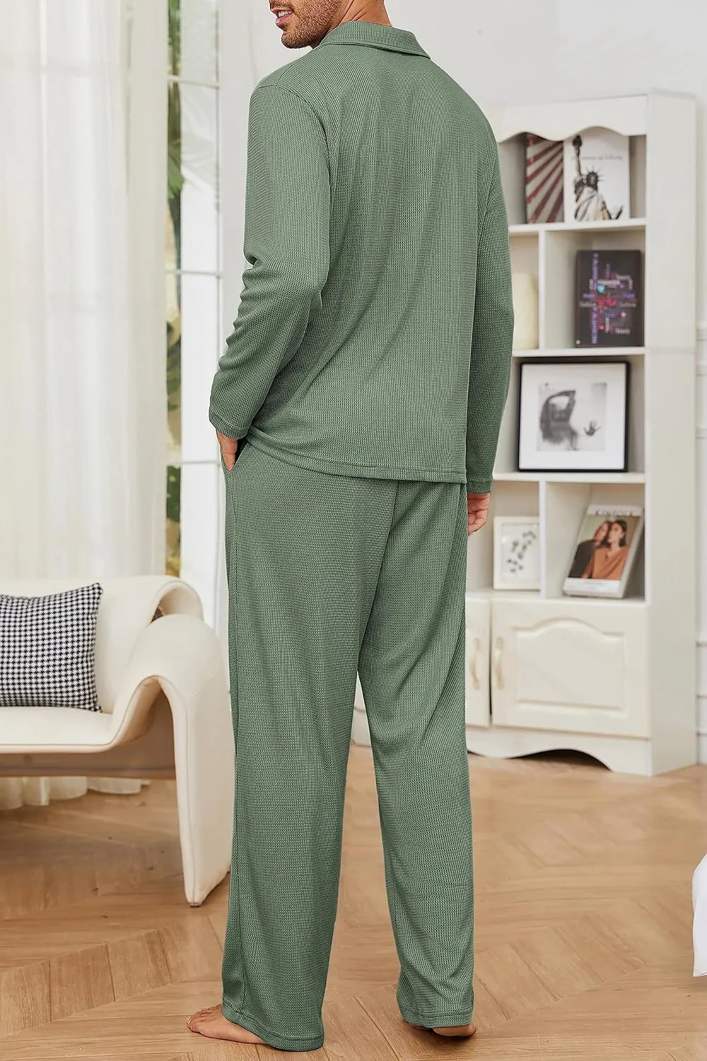 Andeip Men's Pajama Set Waffle Knit Lounge Pjs Set Long Sleeve Top and Pants Sleepwear 2 Piece Button Down Loungewear