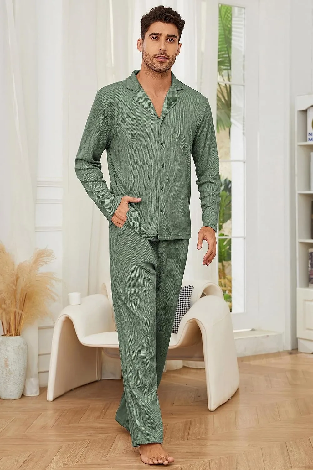 Andeip Men's Pajama Set Waffle Knit Lounge Pjs Set Long Sleeve Top and Pants Sleepwear 2 Piece Button Down Loungewear