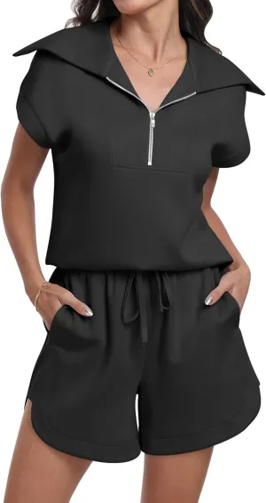 ANRABESS Two Piece Sets for Women Summer Half Zip Short Set Sweatsuit 2 Piece Outfits Sweat Lounge Sets Tracksuit
