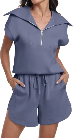 ANRABESS Two Piece Sets for Women Summer Half Zip Short Set Sweatsuit 2 Piece Outfits Sweat Lounge Sets Tracksuit