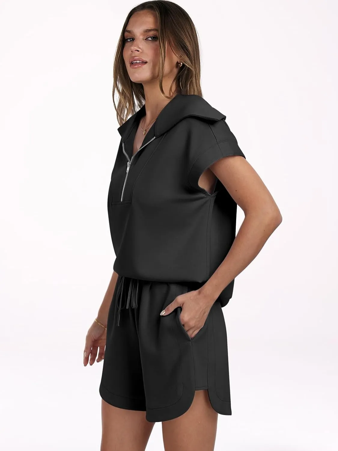 ANRABESS Two Piece Sets for Women Summer Half Zip Short Set Sweatsuit 2 Piece Outfits Sweat Lounge Sets Tracksuit