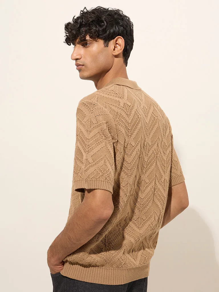 Ascot Taupe Textured Relaxed-Fit Cotton-Blend Polo T-Shirt