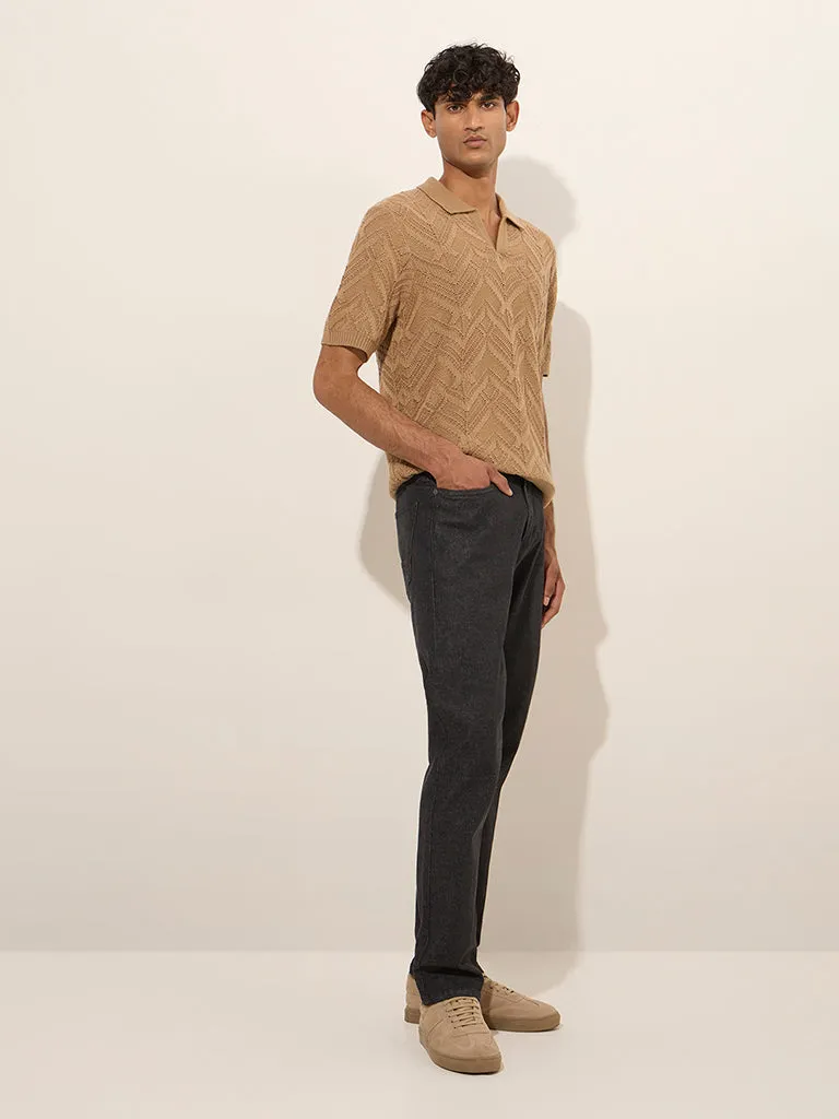 Ascot Taupe Textured Relaxed-Fit Cotton-Blend Polo T-Shirt