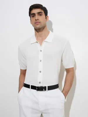 Ascot White Knit-Textured Relaxed-Fit Cotton-Blend Shirt