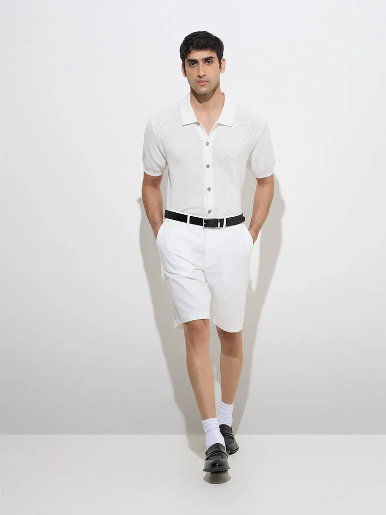 Ascot White Knit-Textured Relaxed-Fit Cotton-Blend Shirt