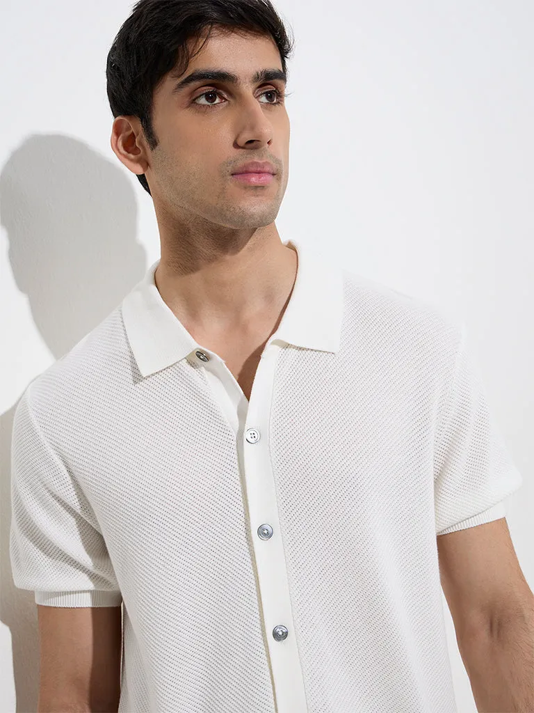 Ascot White Knit-Textured Relaxed-Fit Cotton-Blend Shirt