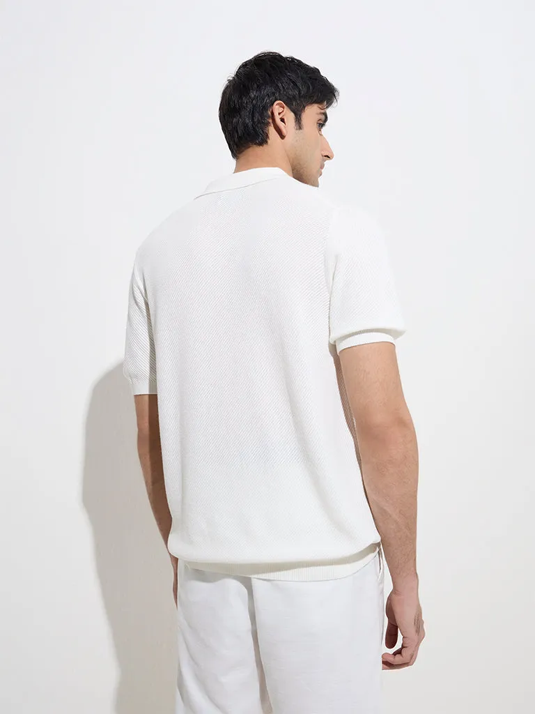 Ascot White Knit-Textured Relaxed-Fit Cotton-Blend Shirt