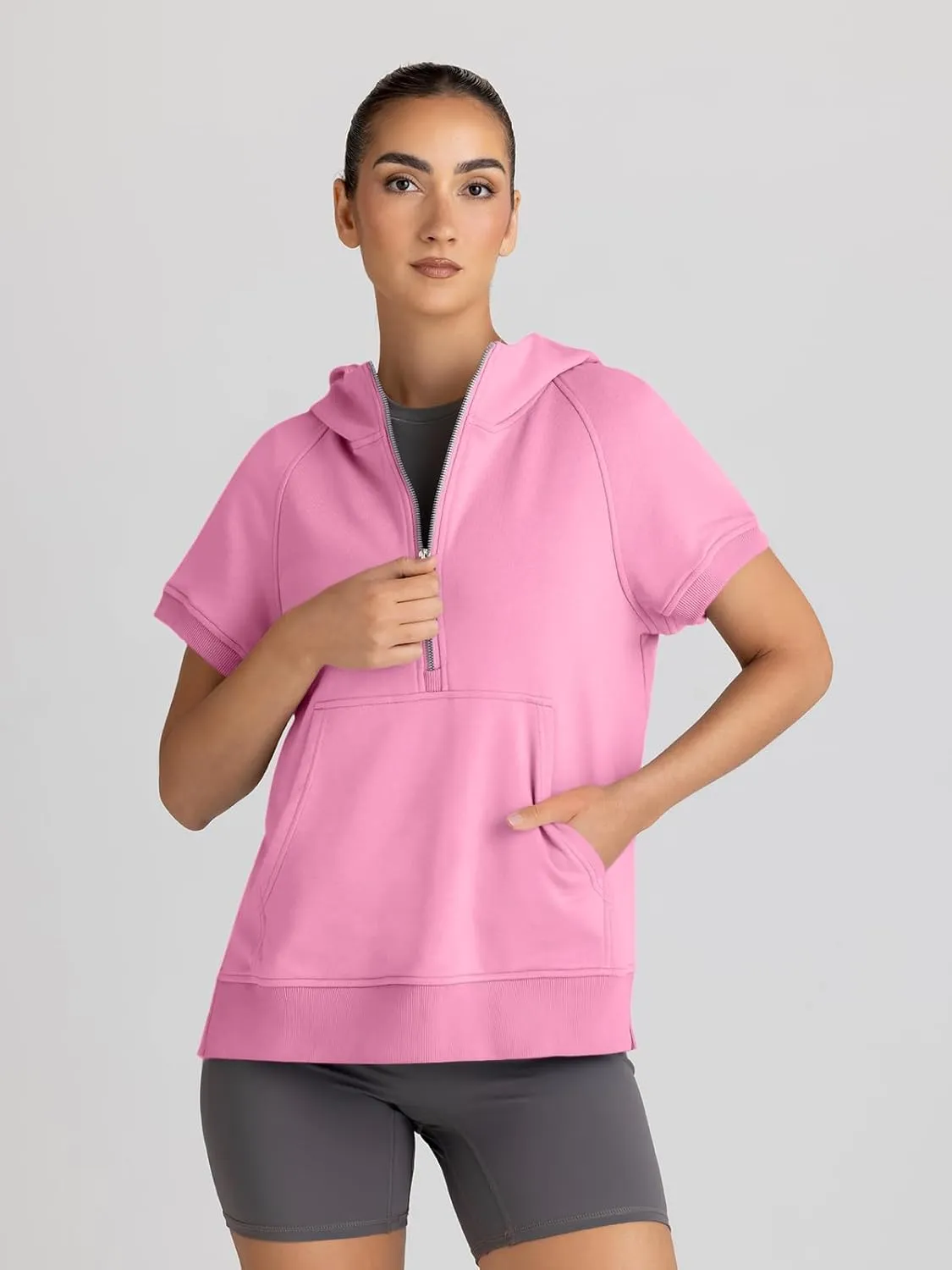 AUTOMET Oversized Hoodies for Women Short Sleeve Half zip Sweatshirt Fleece Loose Fit Pullover 2025 Fall Fashion Outfits