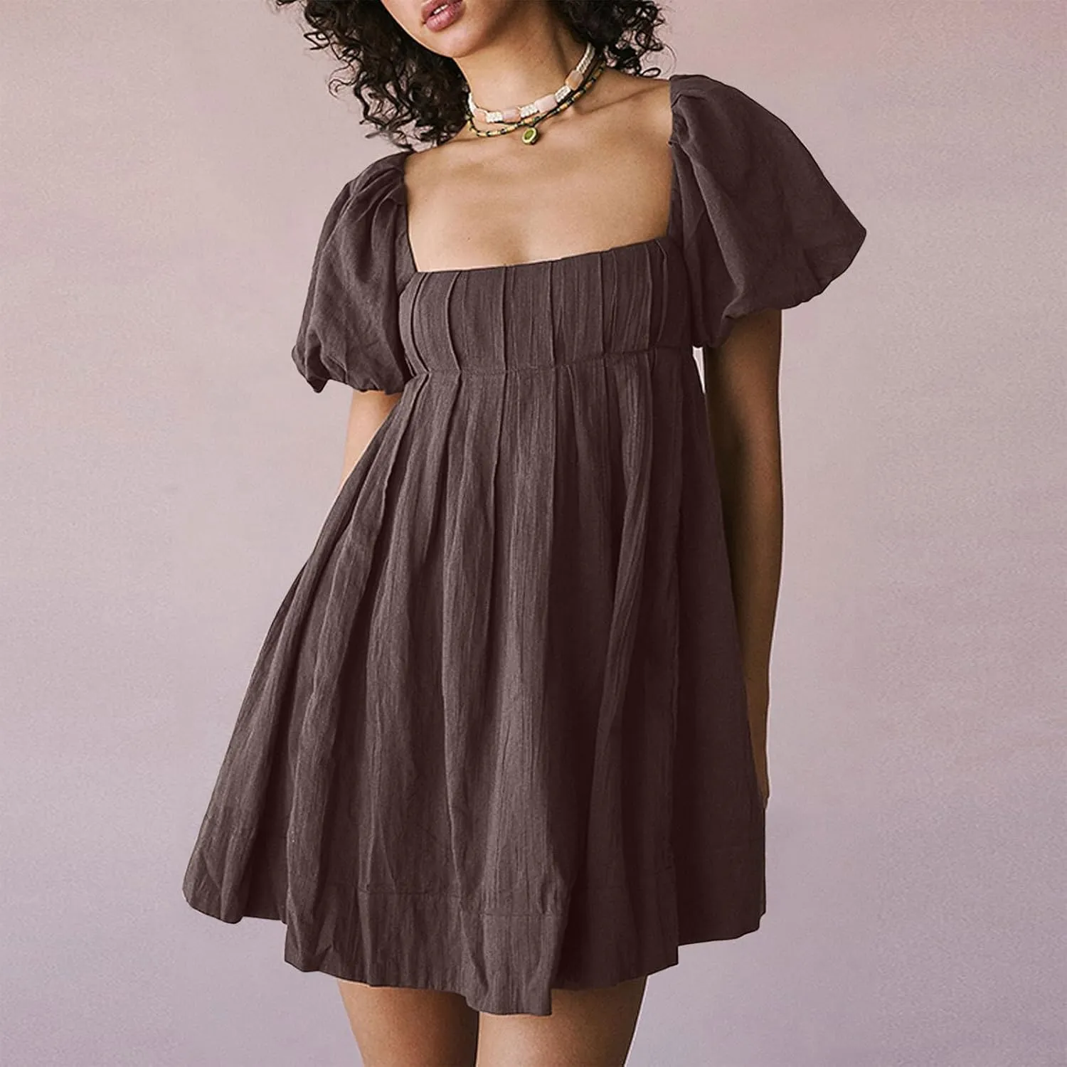 Babydoll Dress for Women 2024 Cute Puff Sleeve Dress Square Neck Short Dress High Waist Ruffle A Line Mini Dresses