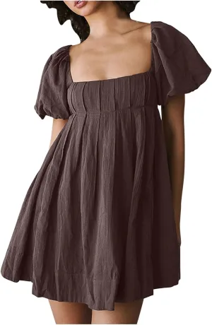 Babydoll Dress for Women 2024 Cute Puff Sleeve Dress Square Neck Short Dress High Waist Ruffle A Line Mini Dresses