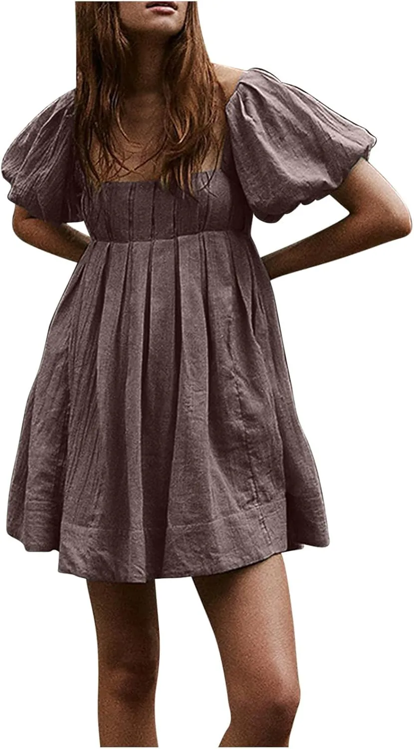 Babydoll Dress for Women 2024 Cute Puff Sleeve Dress Square Neck Short Dress High Waist Ruffle A Line Mini Dresses