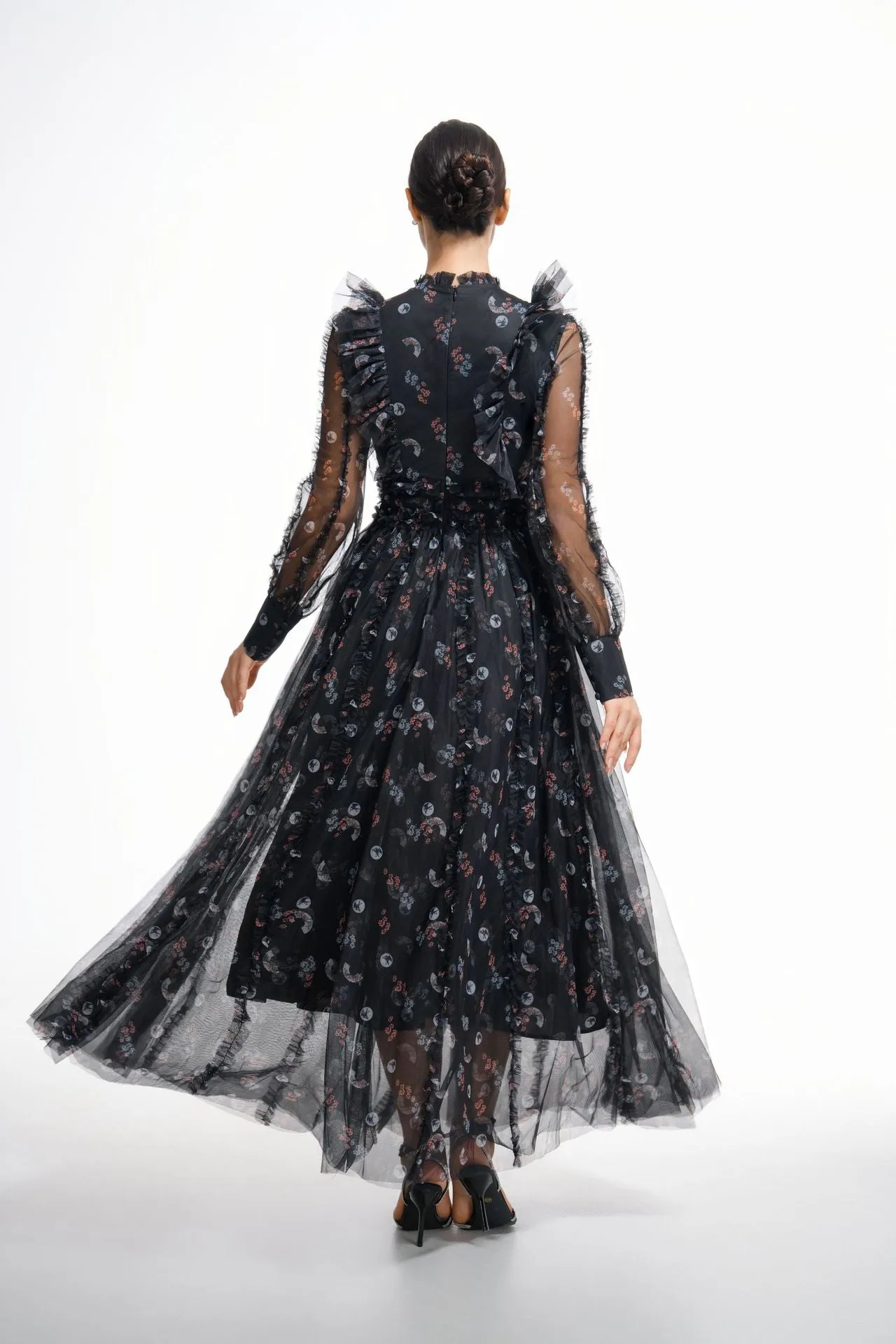 Black Elegant Ruffled Long Sleeve Floral Maxi Prom Dress