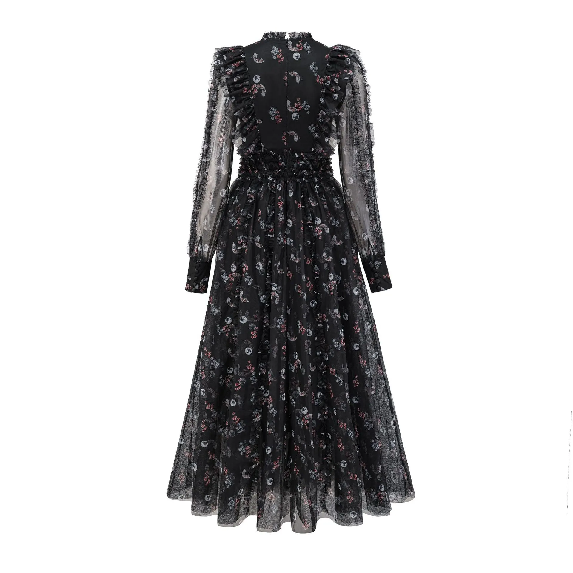 Black Elegant Ruffled Long Sleeve Floral Maxi Prom Dress