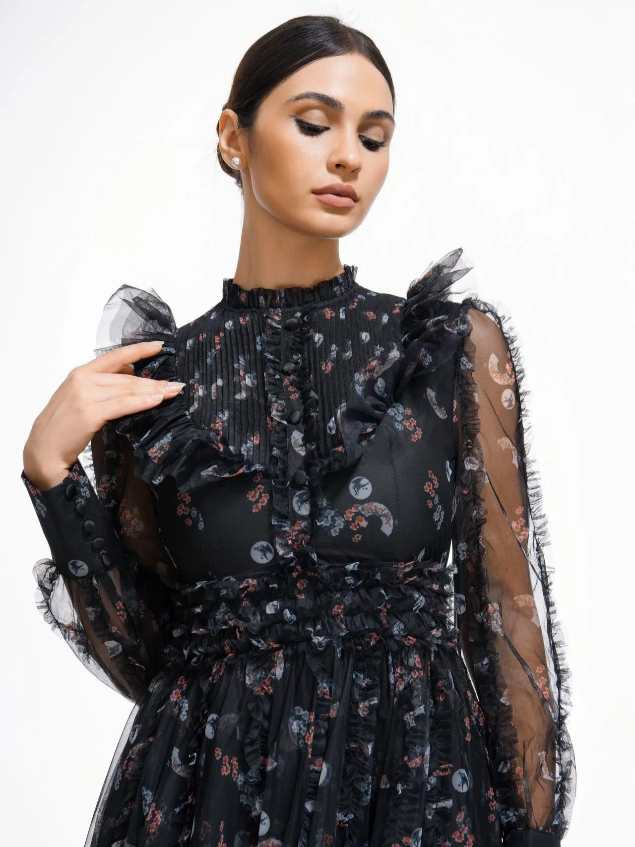 Black Elegant Ruffled Long Sleeve Floral Maxi Prom Dress