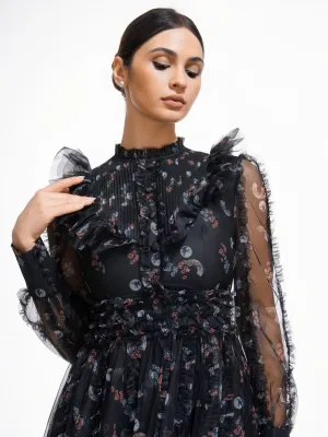 Black Elegant Ruffled Long Sleeve Floral Maxi Prom Dress