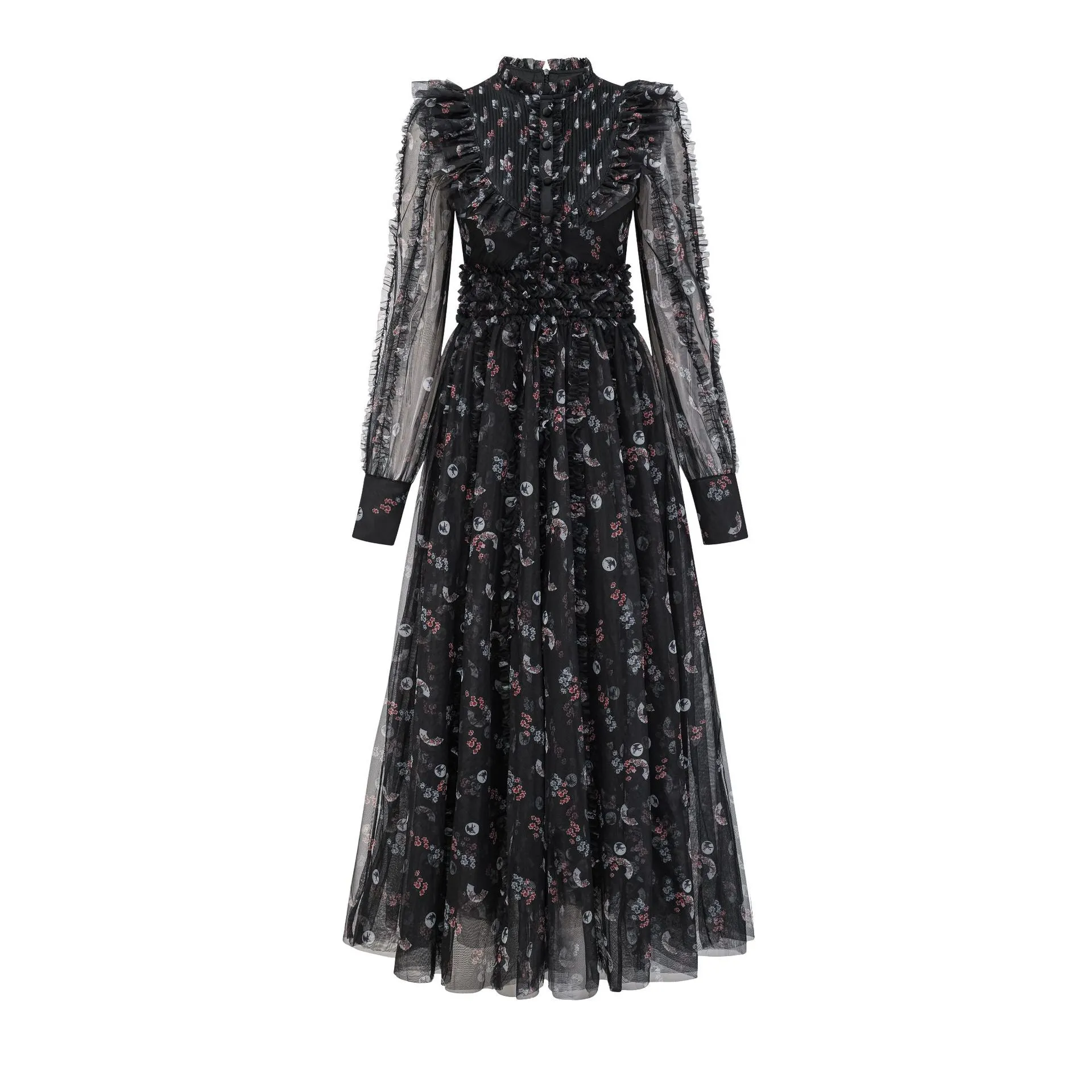 Black Elegant Ruffled Long Sleeve Floral Maxi Prom Dress