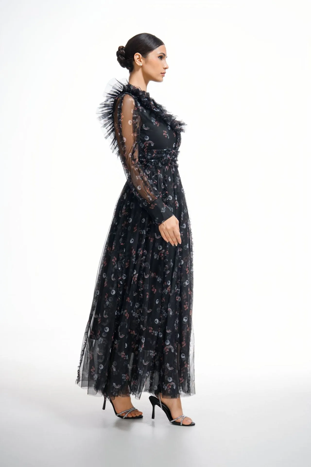 Black Elegant Ruffled Long Sleeve Floral Maxi Prom Dress