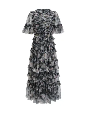 Black Short Sleeve Floral Printed Tulle Ruffled Prom Dresses