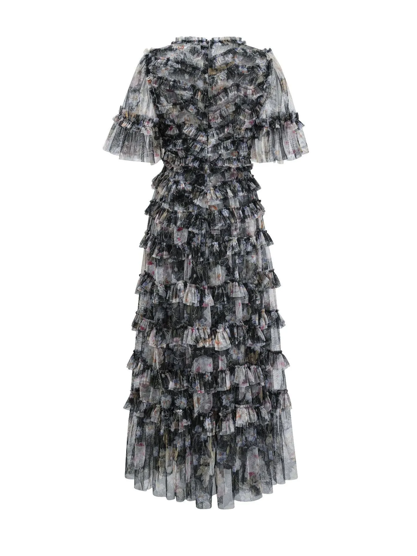 Black Short Sleeve Floral Printed Tulle Ruffled Prom Dresses