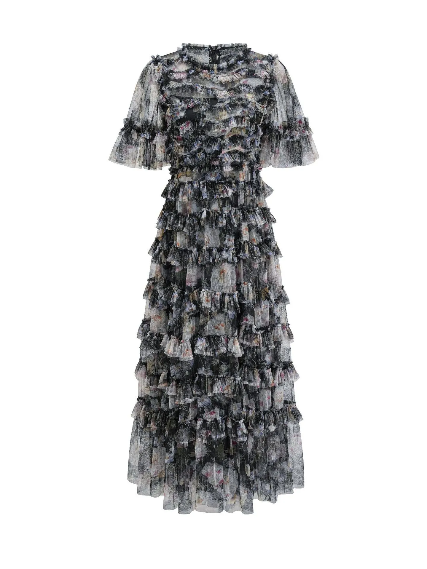 Black Short Sleeve Floral Printed Tulle Ruffled Prom Dresses