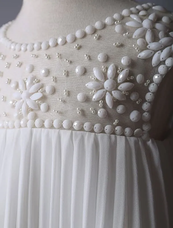 Boho Beaded Ivory Flower Girl Dress Soft Pleated Kids Party Dresses