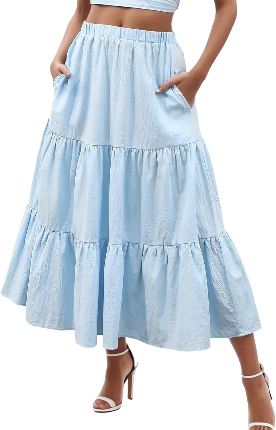 Boho Tiered Maxi Skirt Women Flowy Summer Beach Skirts Elastic Waistband Midi Skirt Floral Pleated A Line Skirt with Pockets