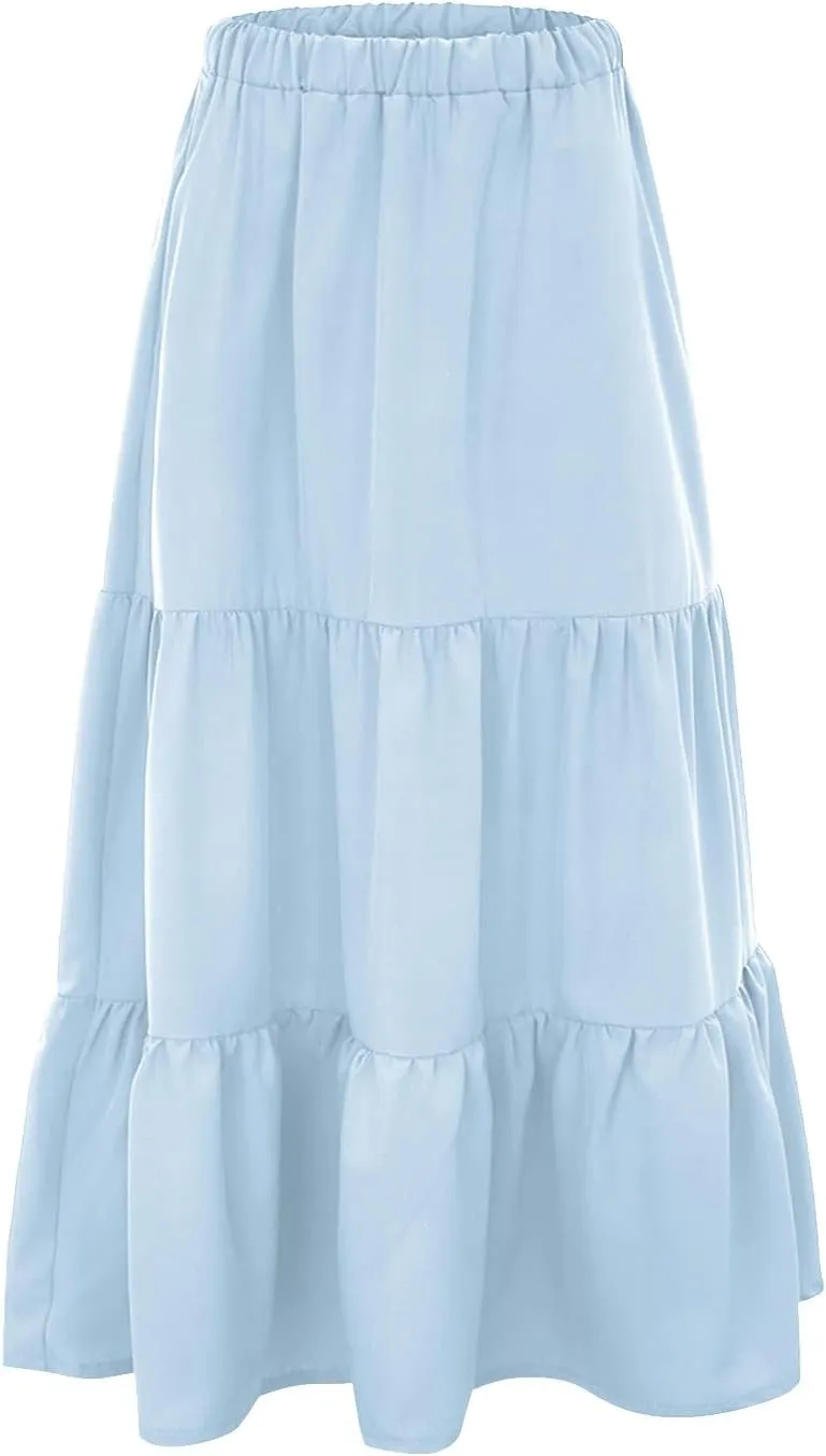Boho Tiered Maxi Skirt Women Flowy Summer Beach Skirts Elastic Waistband Midi Skirt Floral Pleated A Line Skirt with Pockets